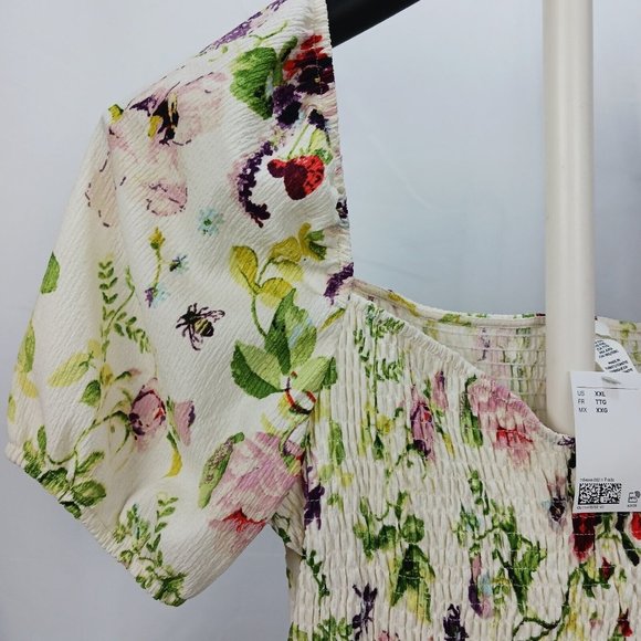 NEW H&M Floral Pleet Dress Size XXL Mini Short Cold Shoulder Ivory Floral - Picture 2 of 15